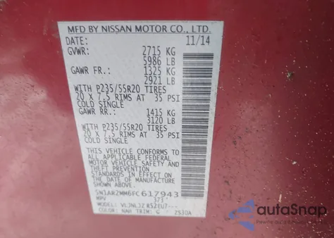 2015 Nissan Pathfinder Platinum z USA, uszkodzony, nr VIN 5N1AR2MM6FC617943